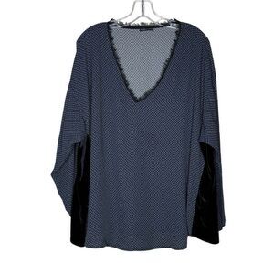 Fiorella Rubino Black Long Sleeve Tunic Blouse Size 16 Deep V-neck Fringe Trim